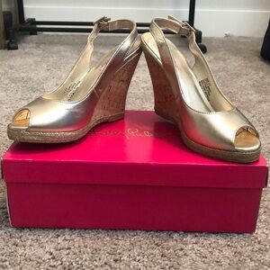 Lilly Pulitzer Krisie Wedge, Size 8.5, Gold Metallic